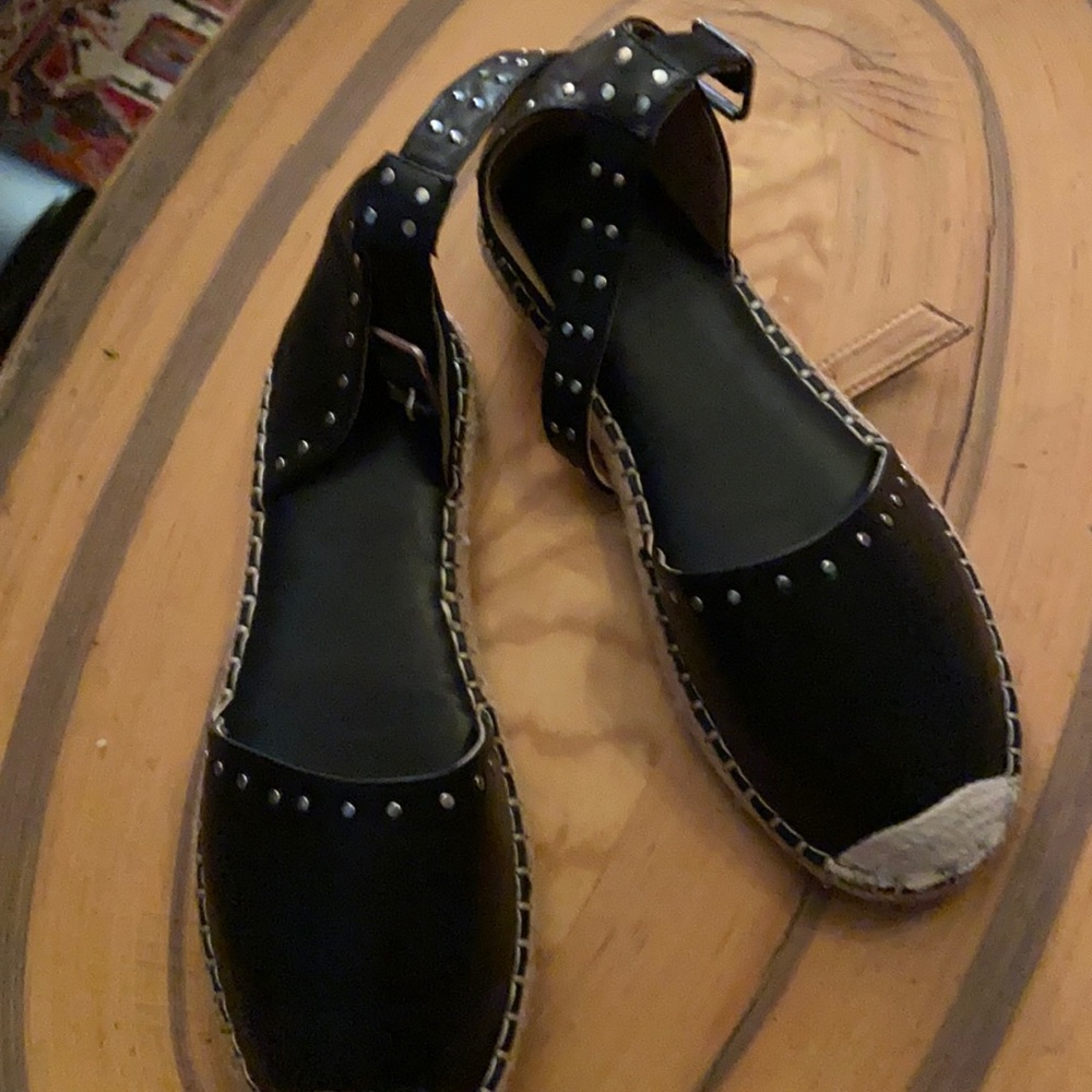 Espadrille Sandals- black leather with ankle strap.